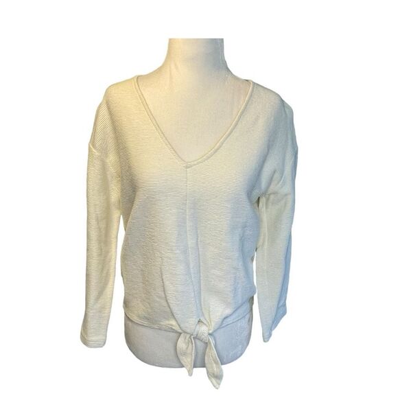 Madewell Texture & Thread Textured Tie-Front Top Ivory Knit Long-Sleeve V-Neck S - Picture 4 of 10